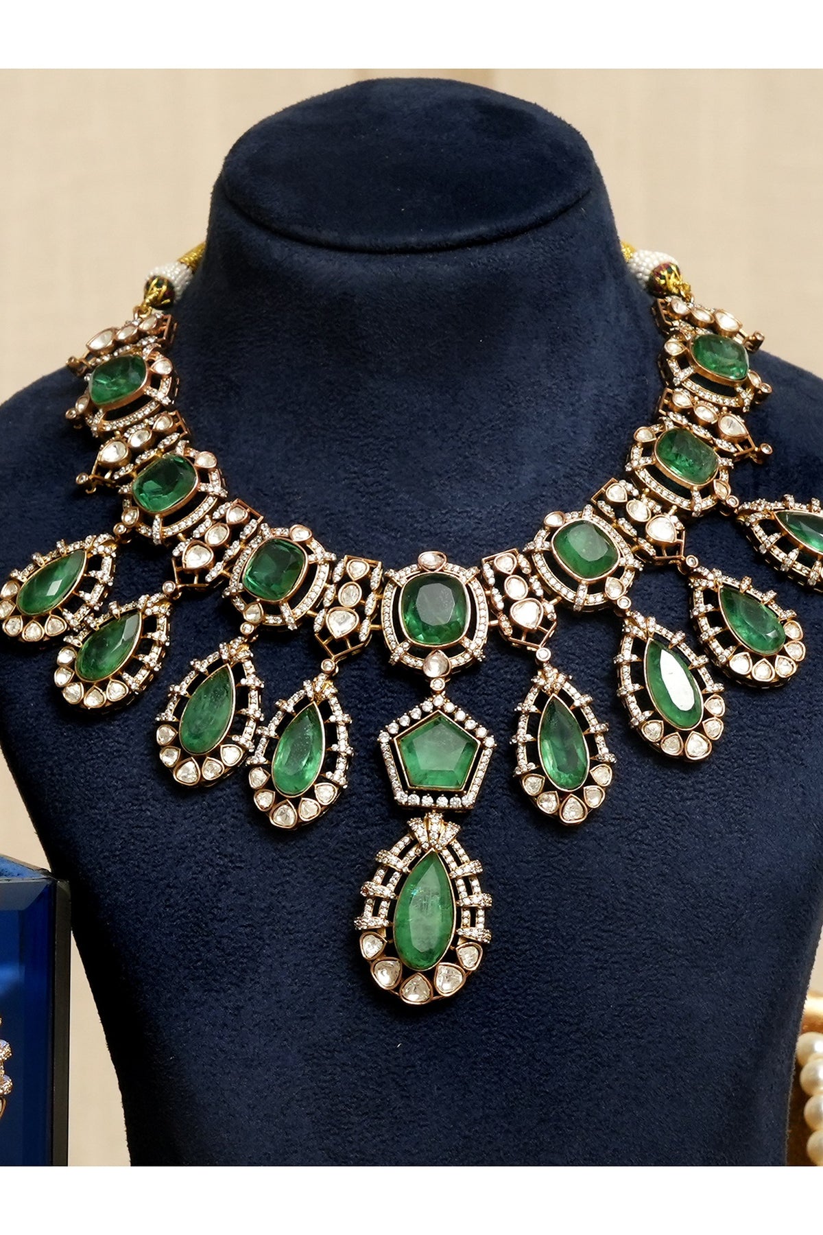 Gold Finish Kundan Polki & Emerald Stone Necklace Set