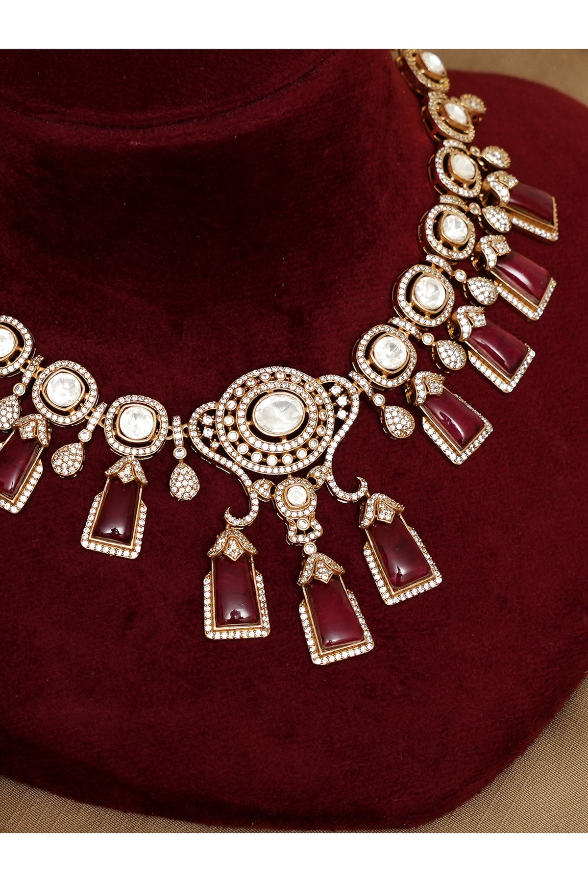 Gold Finish Kundan Polki & Ruby Stone Choker Necklace Set