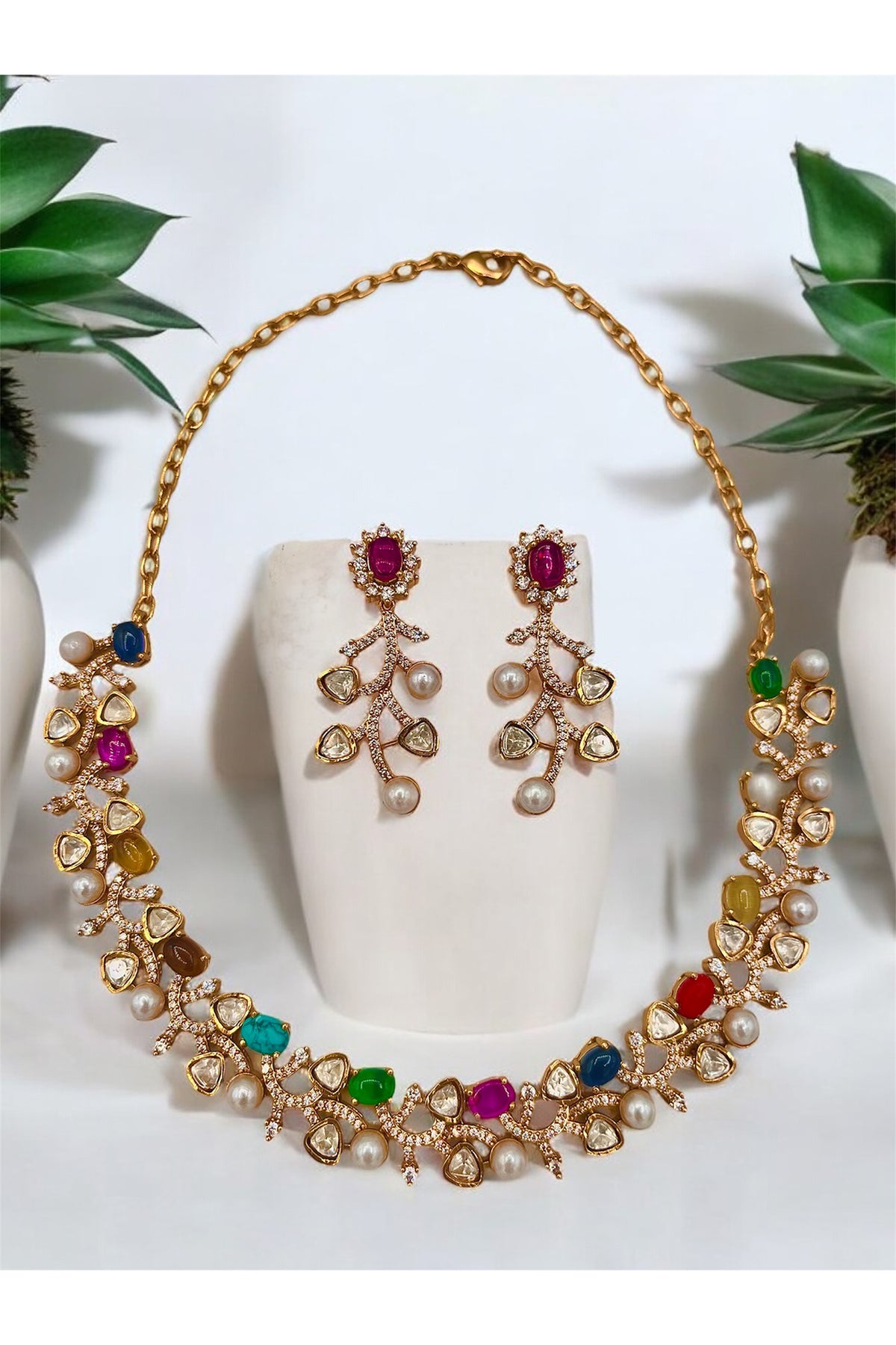 Gold Finish Multi-Colored Kundan Polki Necklace Set