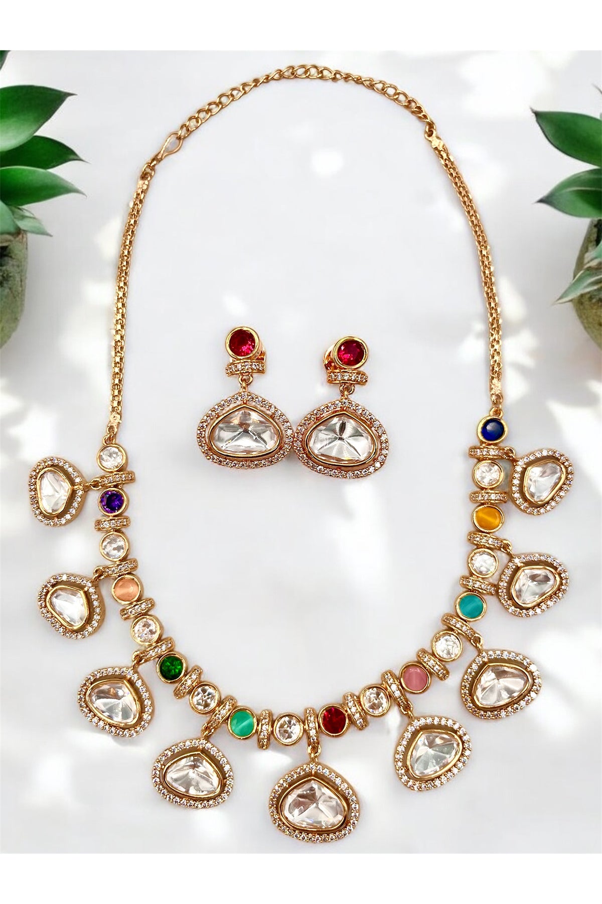 Gold Finish Multi-Colored Kundan Polki Necklace Set