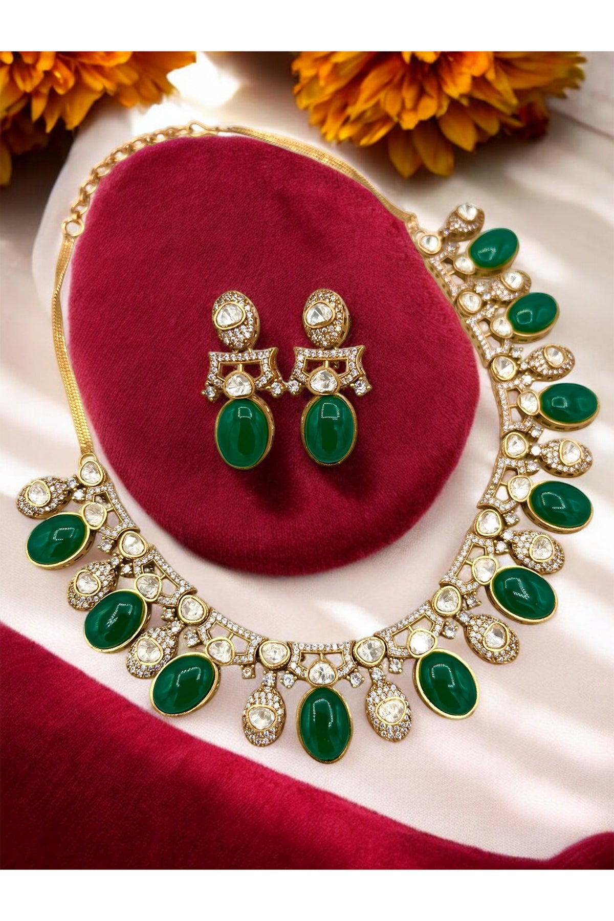 Gold Finish Emerald Green Kundan Polki Necklace Set