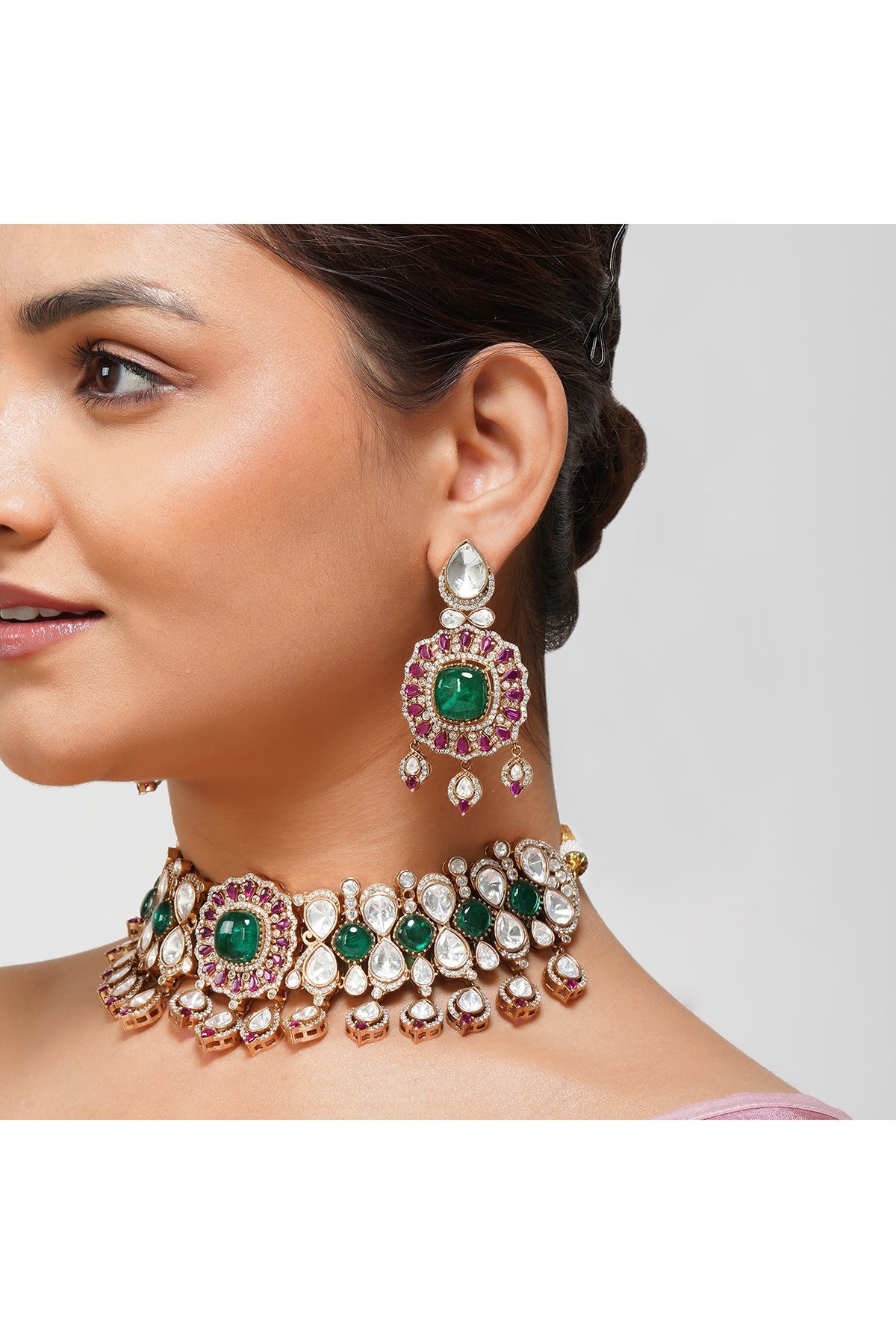 Gold Finish Ruby Red & Mint Green Kundan Stone Choker Necklace Set