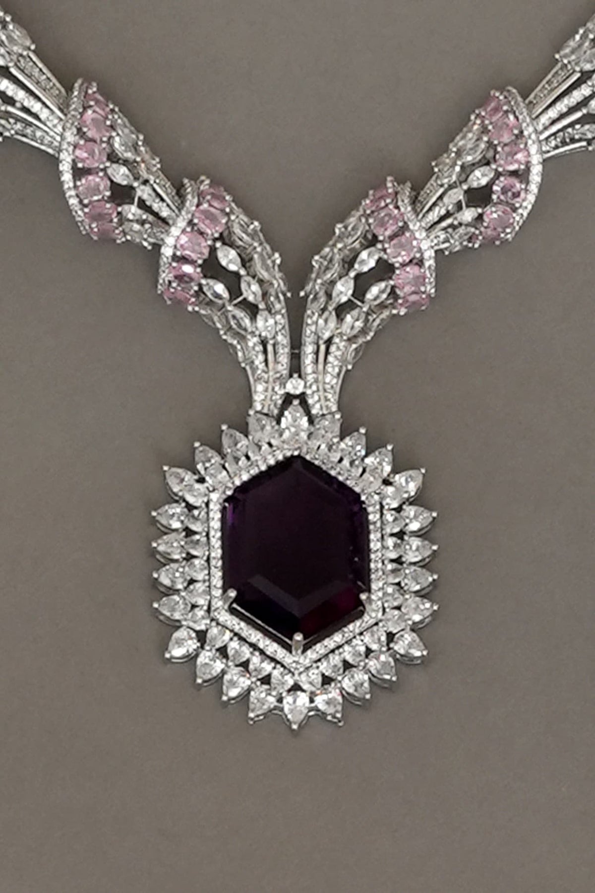 White Finish Zircon & Lavender Stone Necklace Set
