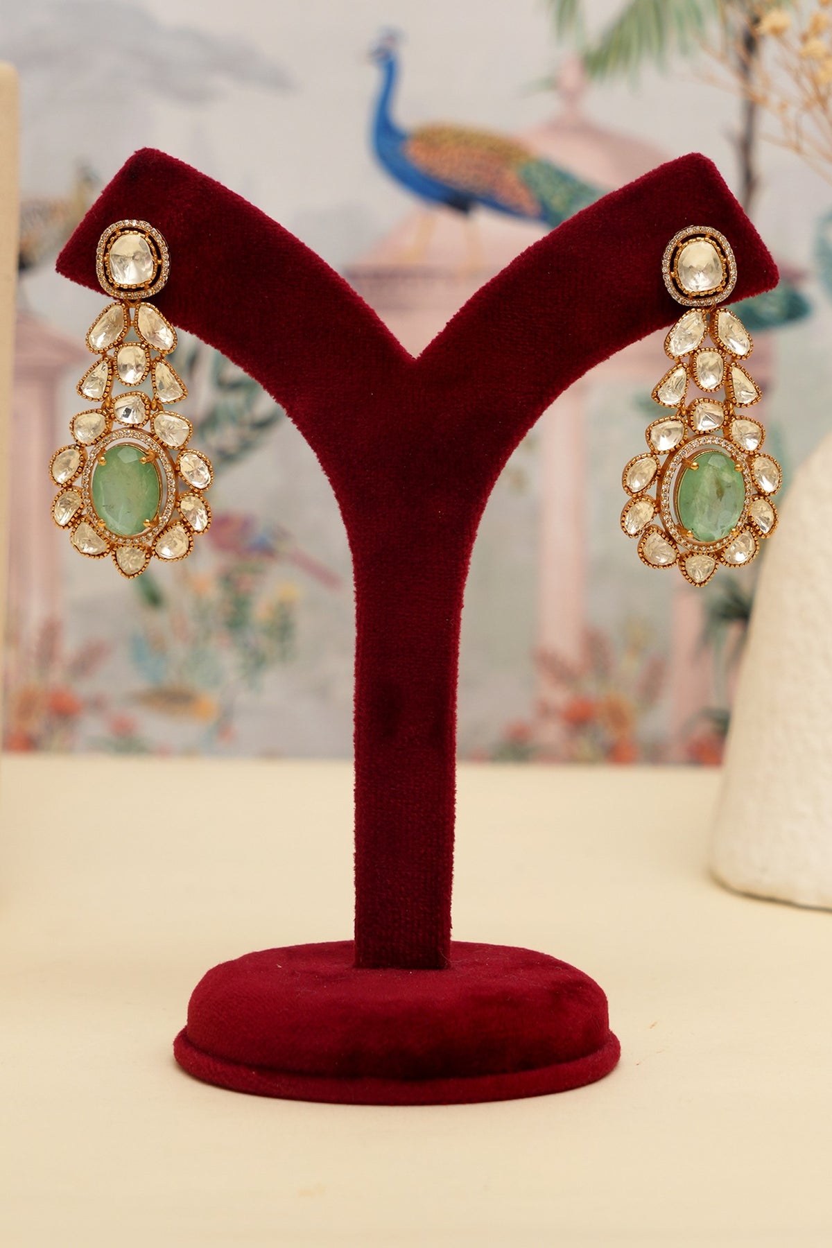 Gold Plated Kundan Polki & Mint Green Stone Layered Necklace Set