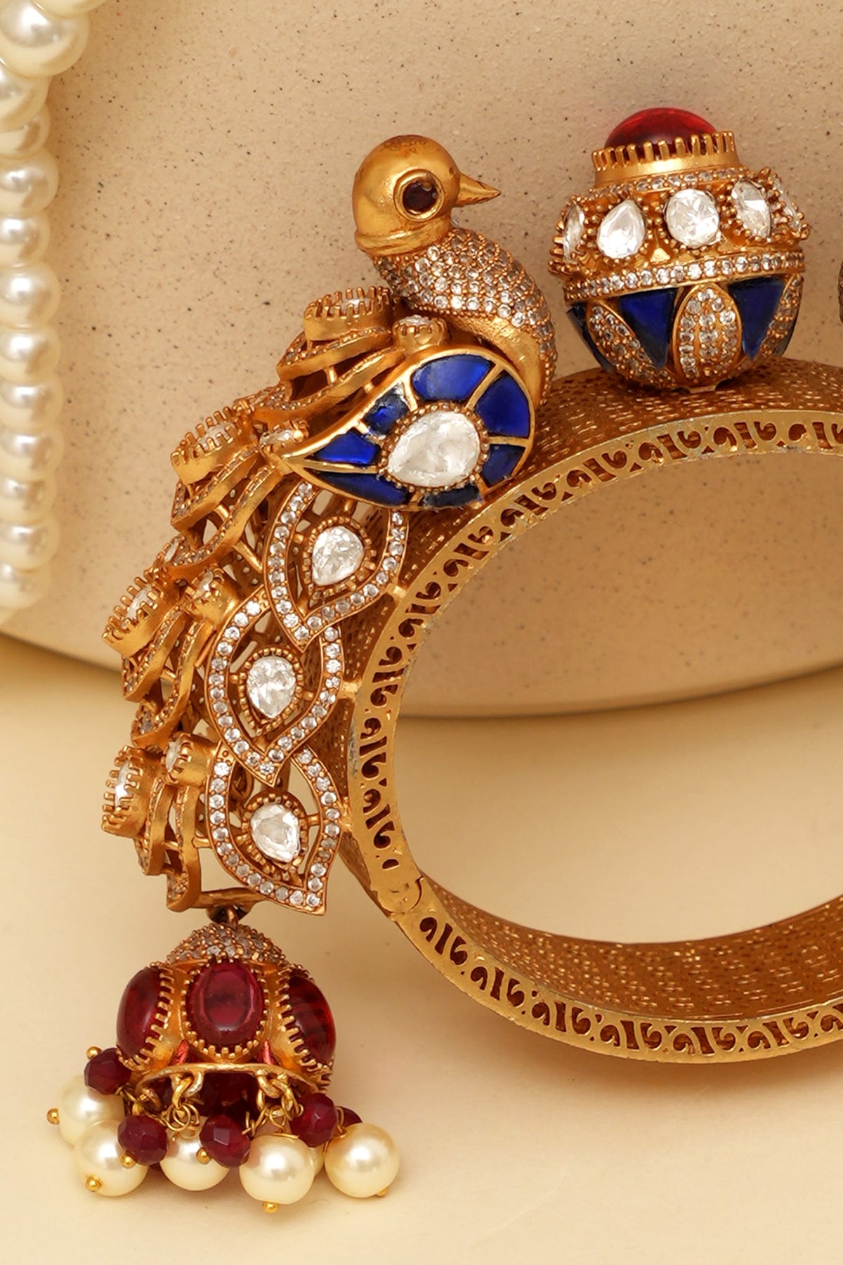 Gold Plated Kundan Polki & Peacock Motif Openable Kada