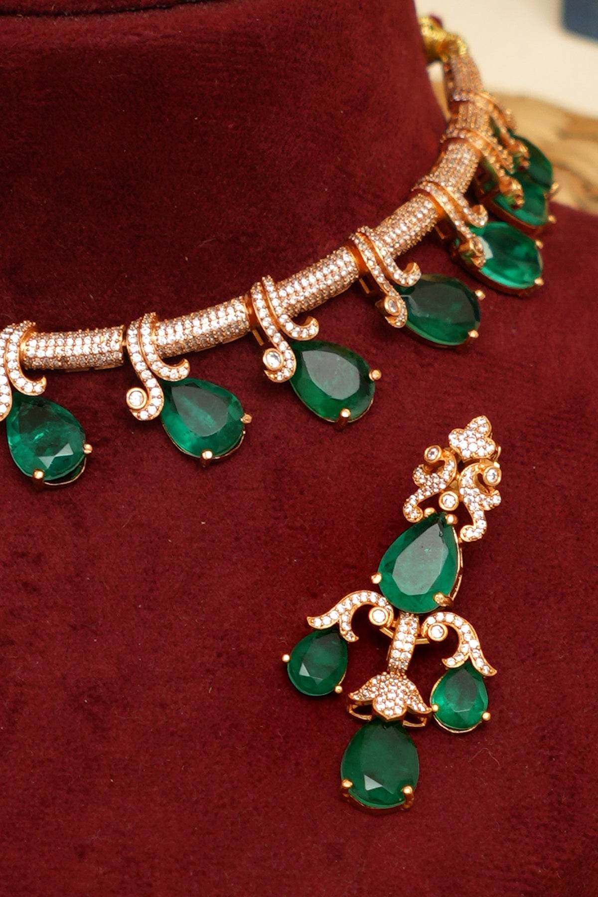 Gold Plated Kundan Polki & Emerald Necklace Set