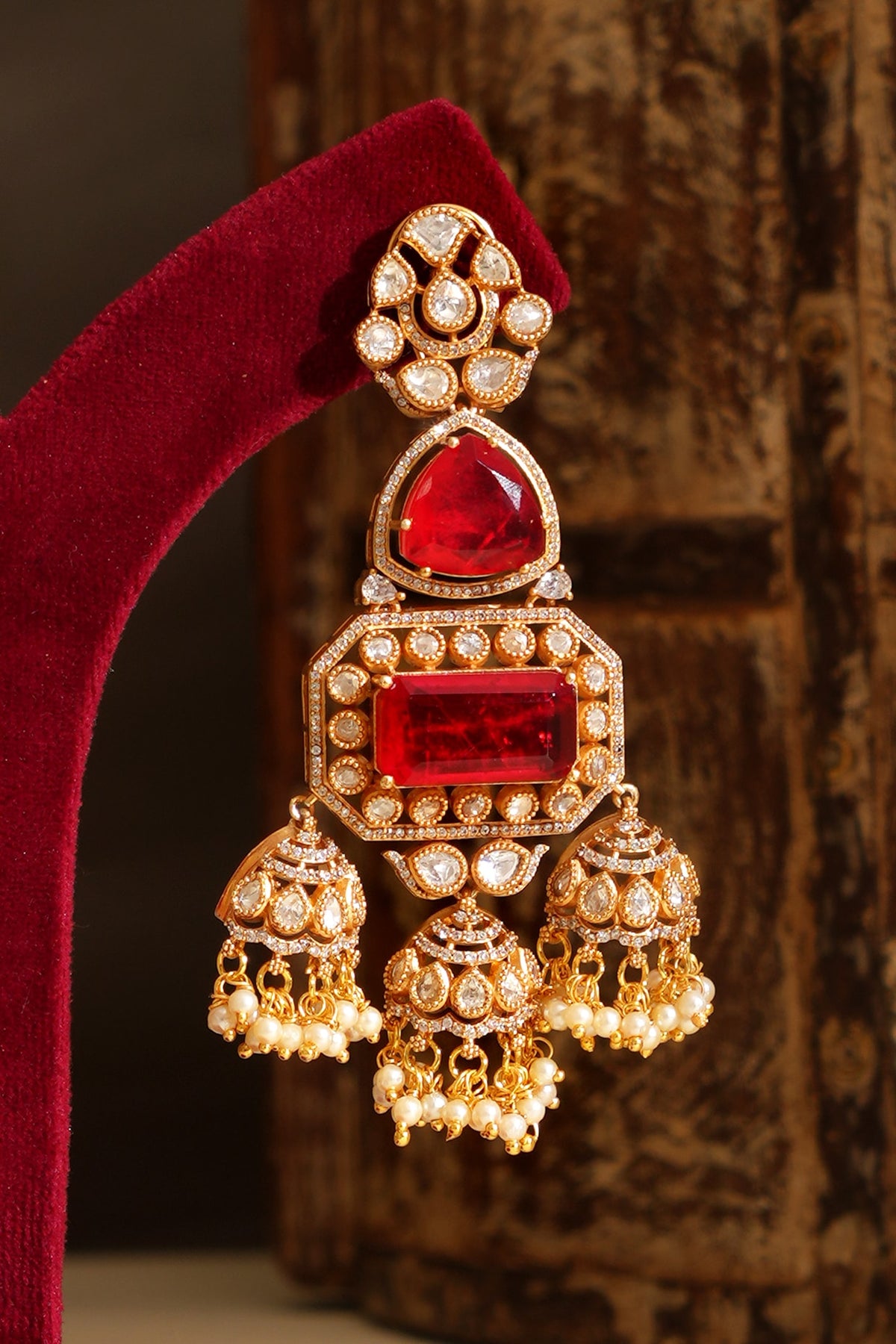 Gold Plated Kundan Polki & Ruby Dangler Earrings