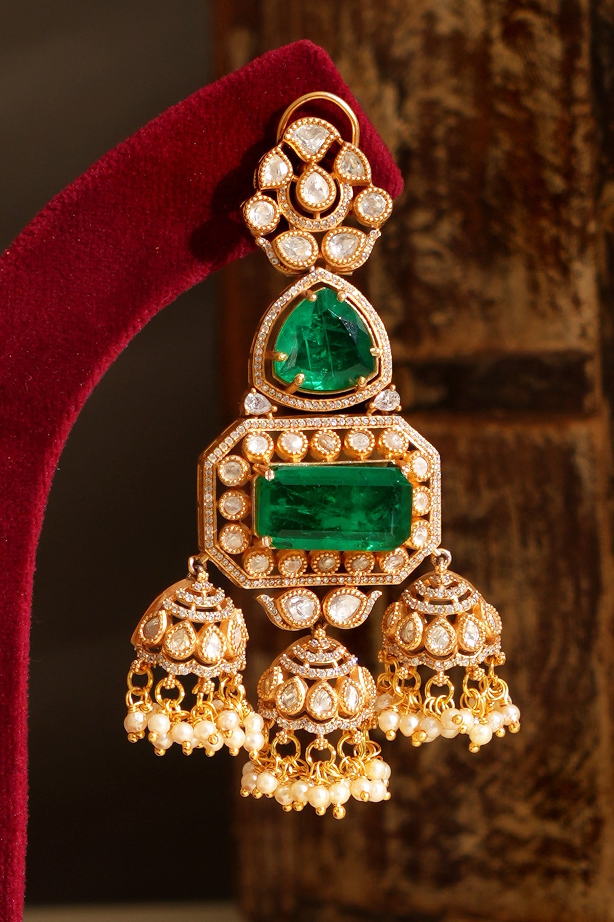 Gold Plated Kundan Polki & Emerald Dangler Earrings