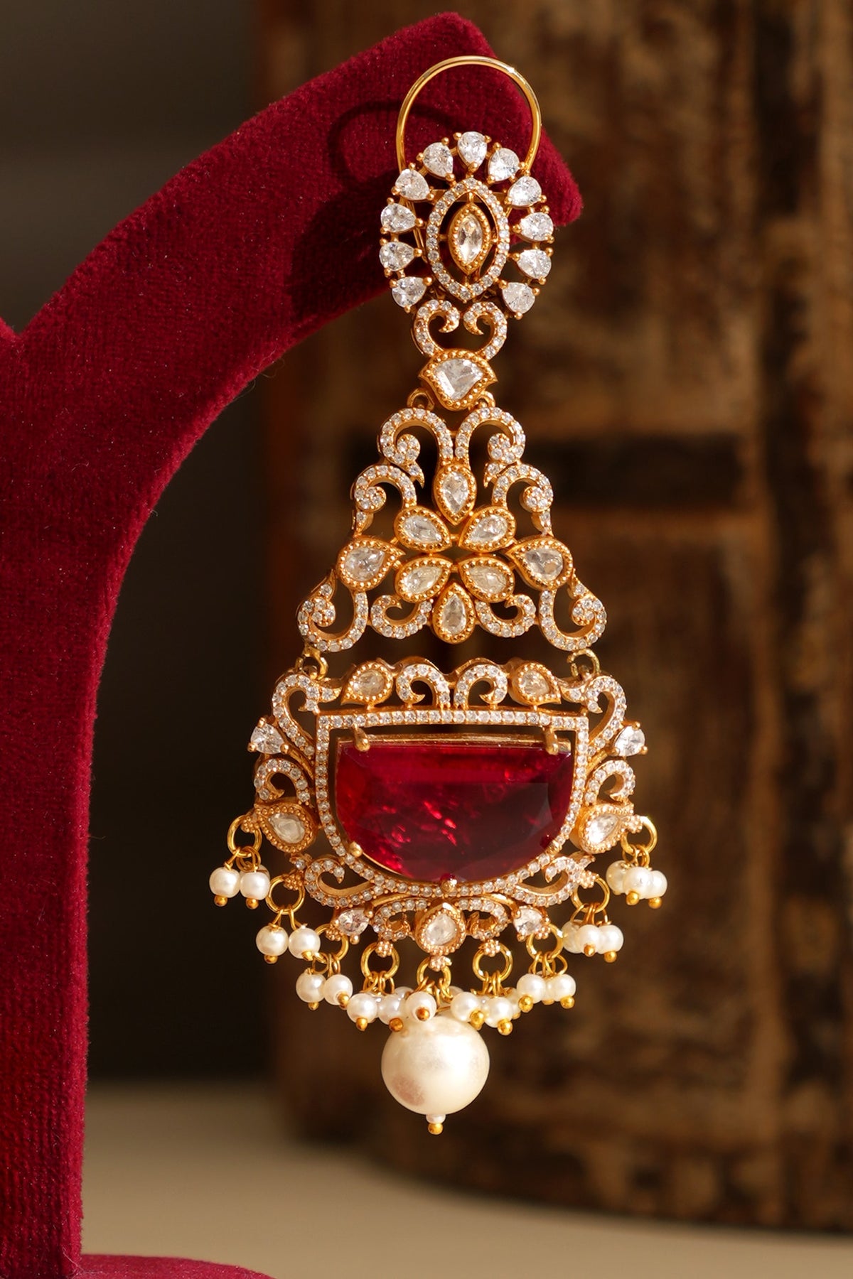 Gold Plated Kundan Polki & Ruby Doublet Stone Dangler Earrings