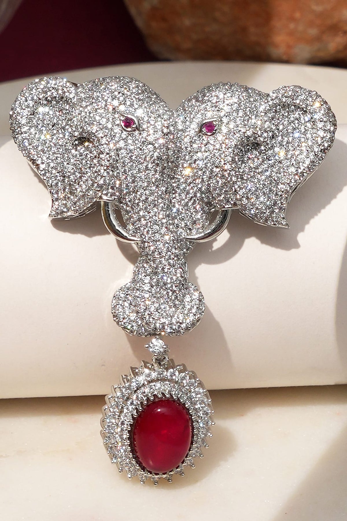 White Finish Diamond & Red Stone Gajraj Heritage Elephant Brooch