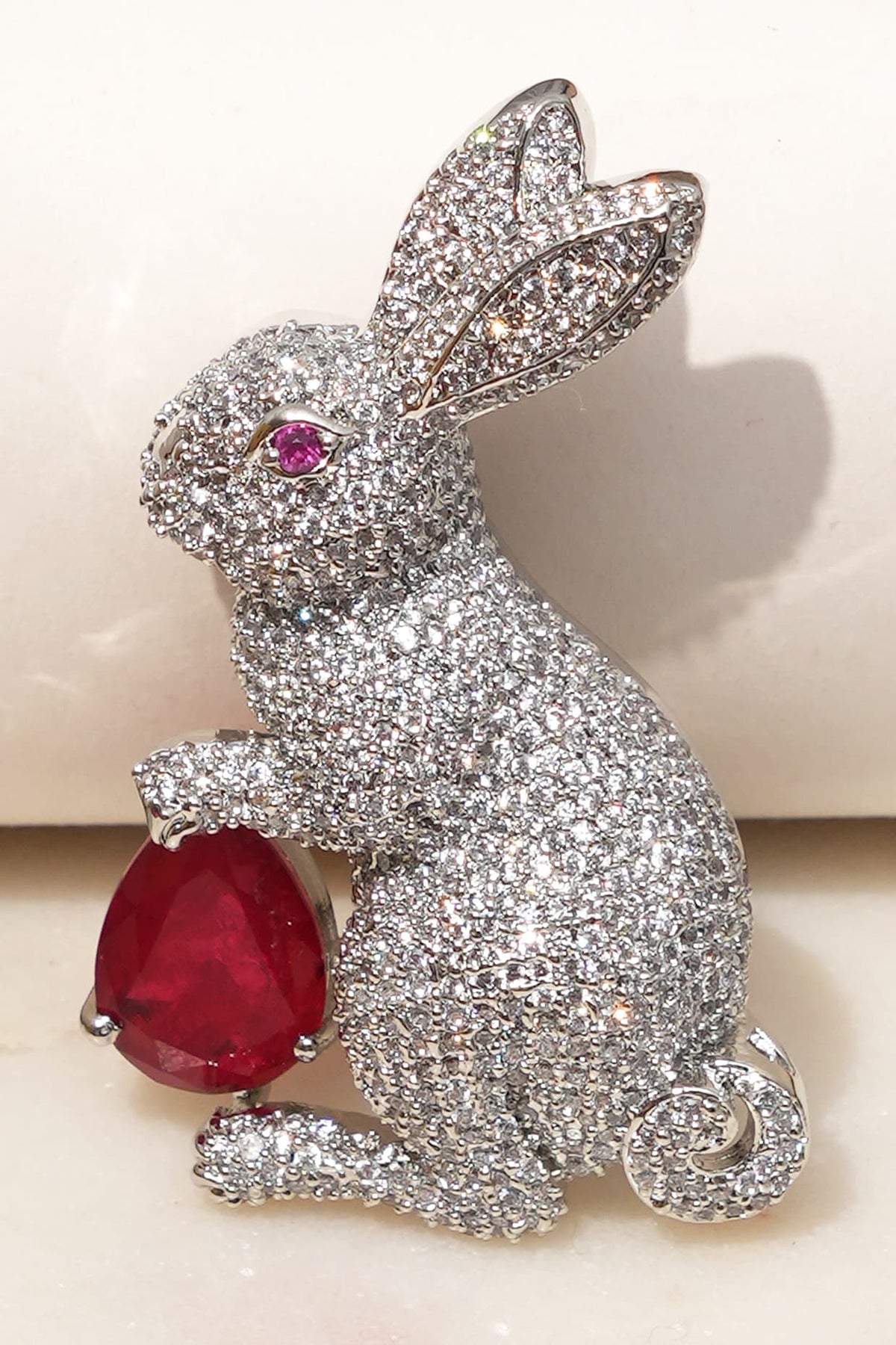 White Finish Diamond & Red Stone Bunny Bliss Brooch
