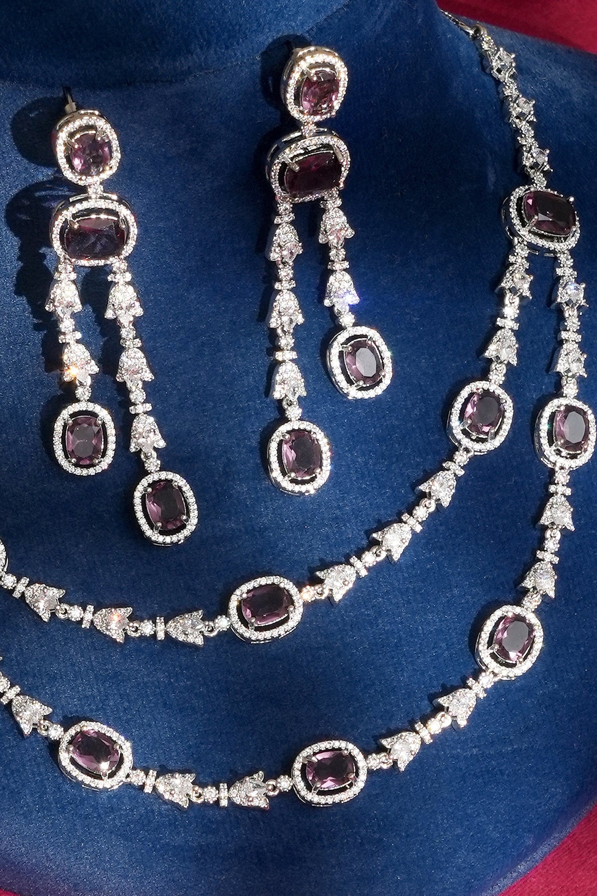 White Finish Diamond & Purple Crystal Necklace Set