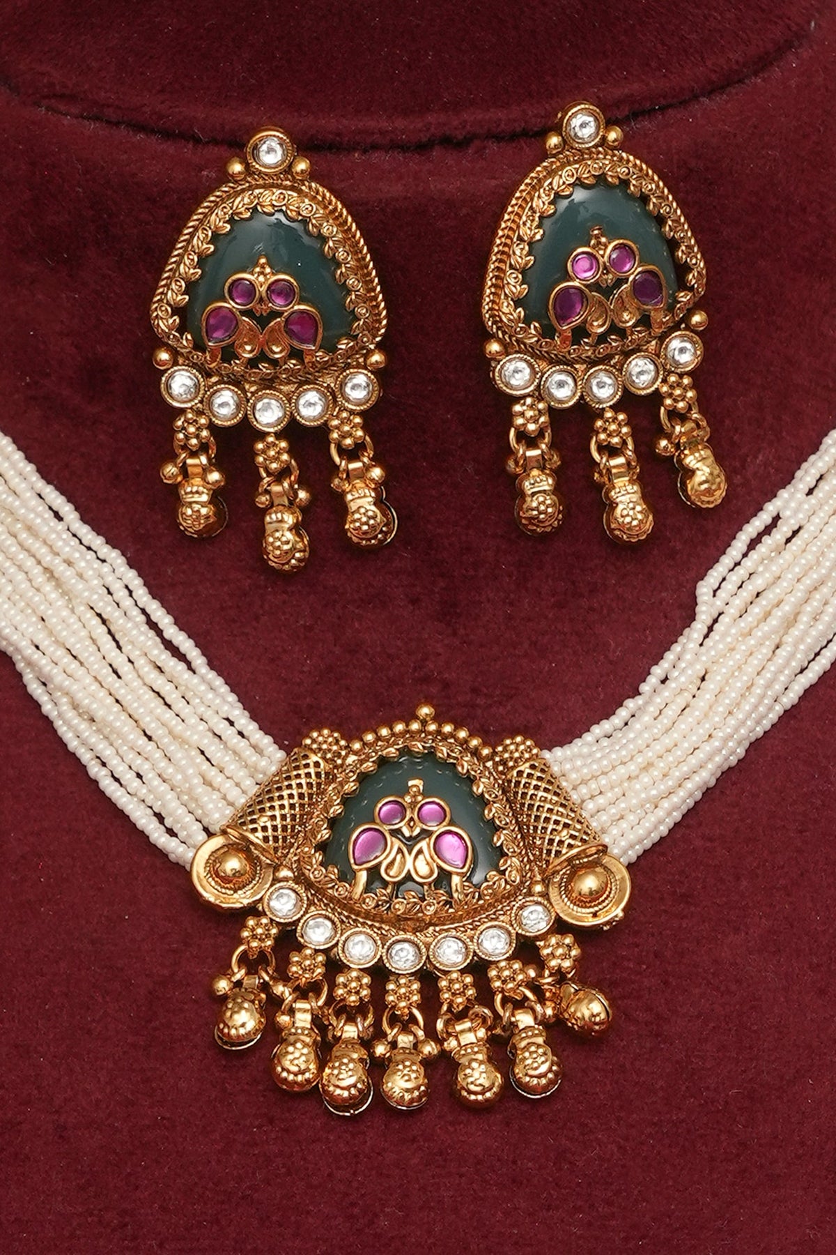 Gold Finish Multi-Colored Kundan Polki Rajwadi Choker Necklace Set