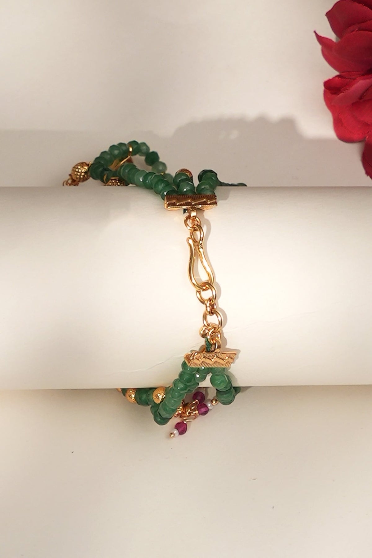 Gold Finish Kundan Polki & Green Beaded Adjustable Earchains