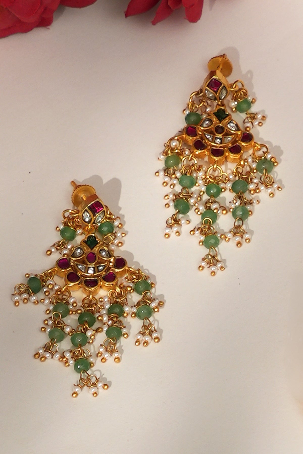 Gold Finish Gold & Green Beaded Jadau Long Necklace Set