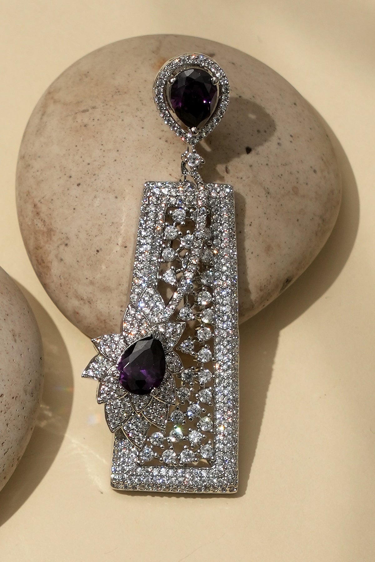 White Rhodium Finish Amethyst Stone & American Diamond Dangler Earrings