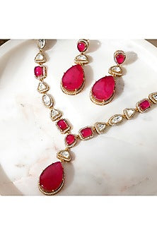 Gold Finish Kundan Polki & American Diamond Necklace Set