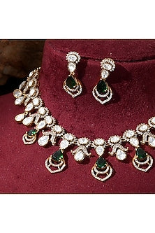 Gold Finish Kundan Polki & Emerald Stone Handcrafted Necklace Set