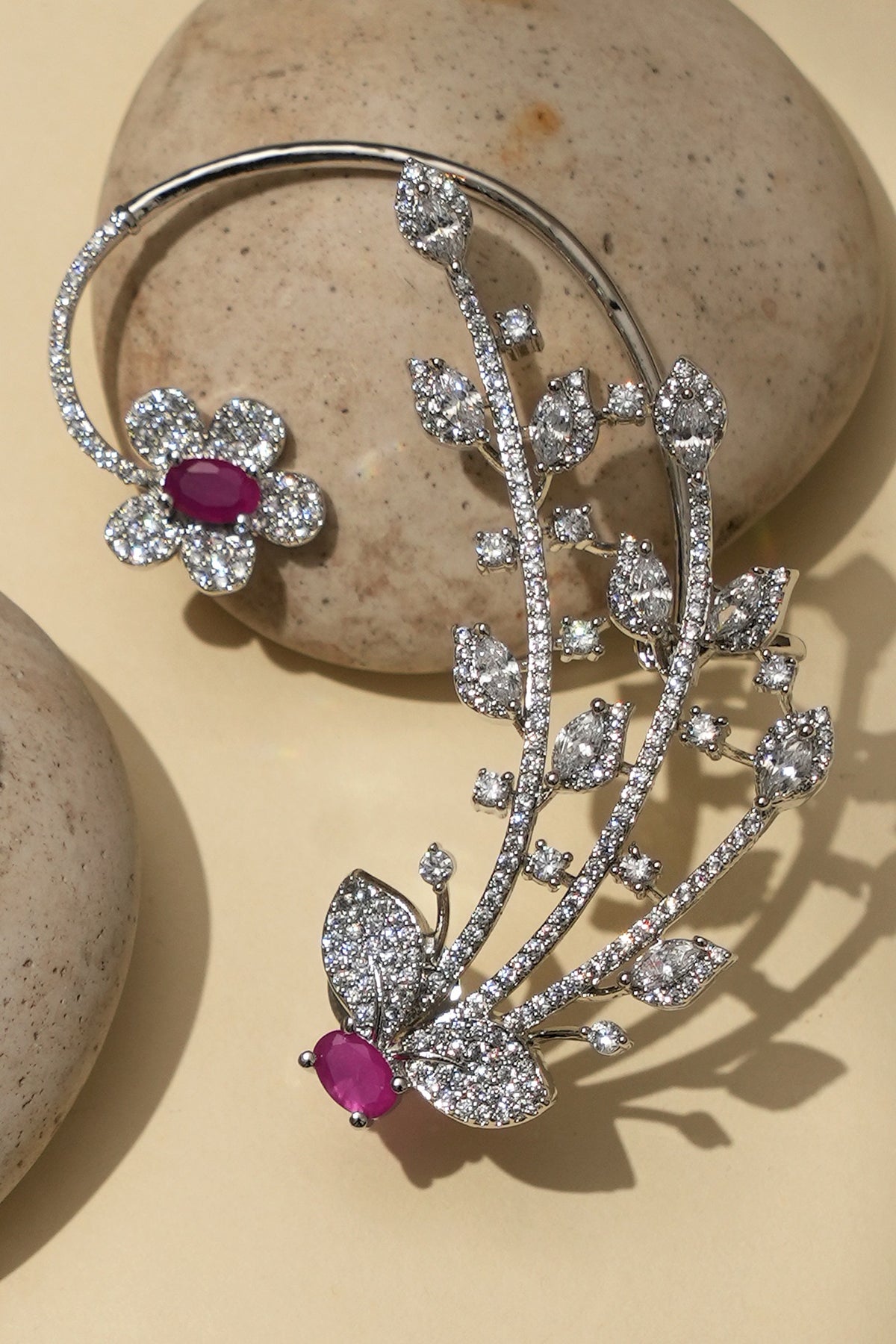 White Rhodium Finish American Diamond & Pink Stone Dangler Earrings