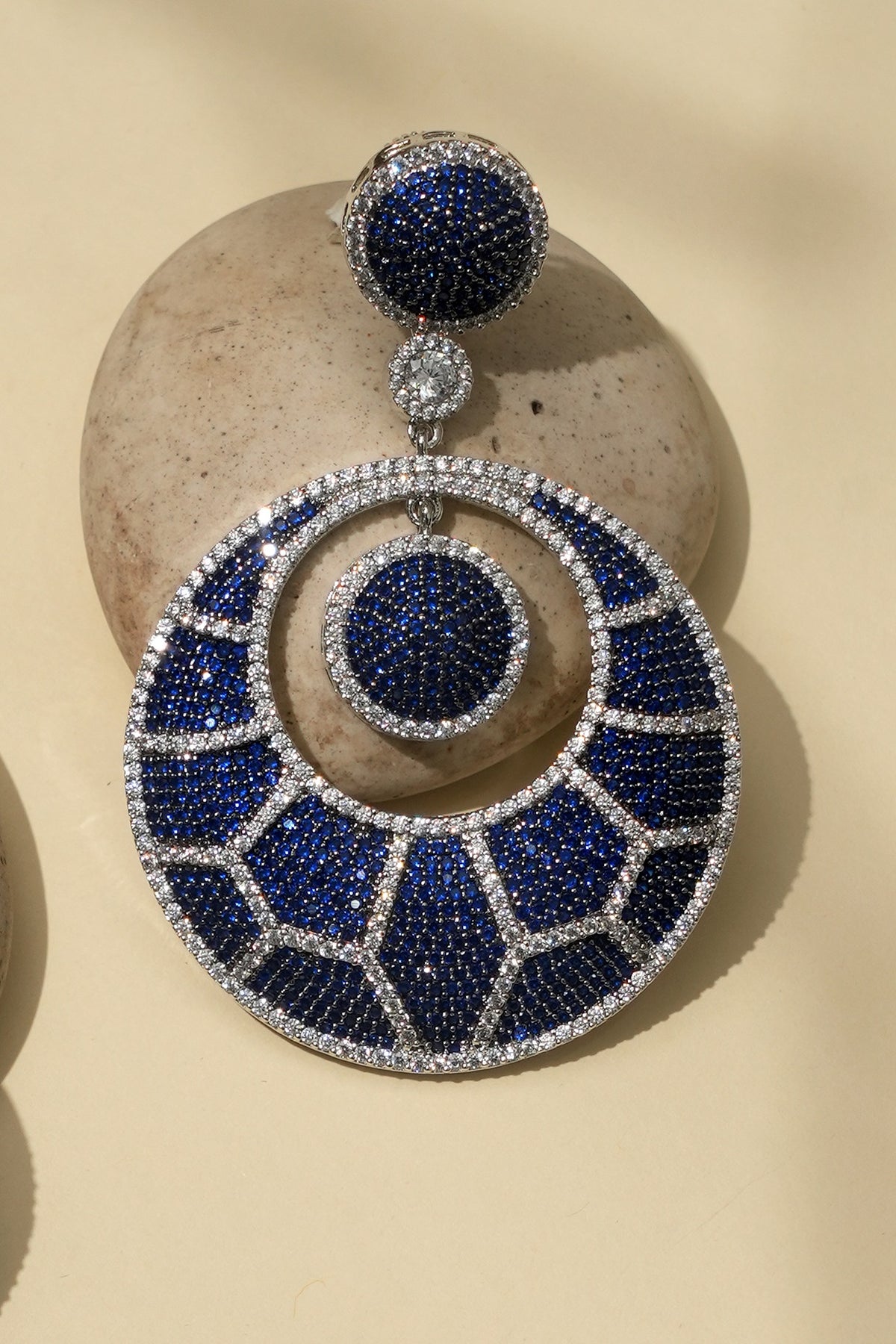 White Rhodium Finish American Diamond & Blue Stone Dangler Earrings