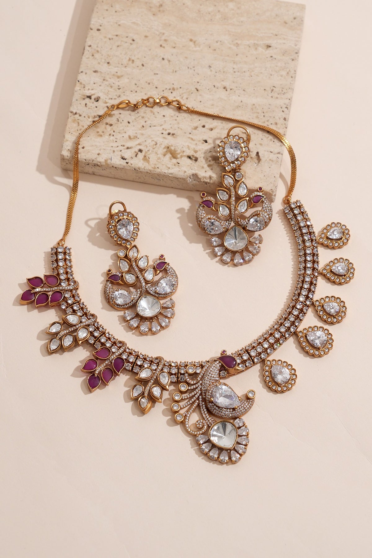 Gold Finish Moissanite Kundan Polki & White Stone Necklace Set