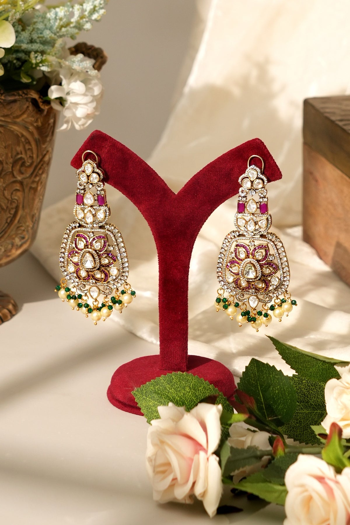 Gold Finish Moissanite Kundan Polki & Red Stone Long Necklace Set