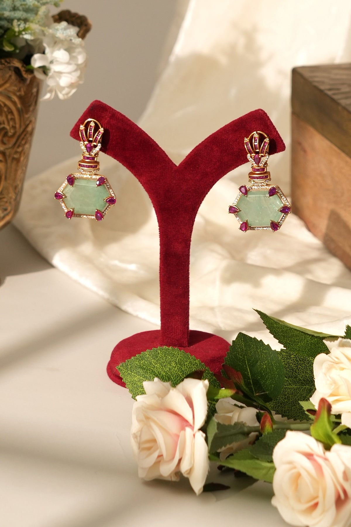 Gold Finish Jade Green Doublet Stone Long Necklace Set