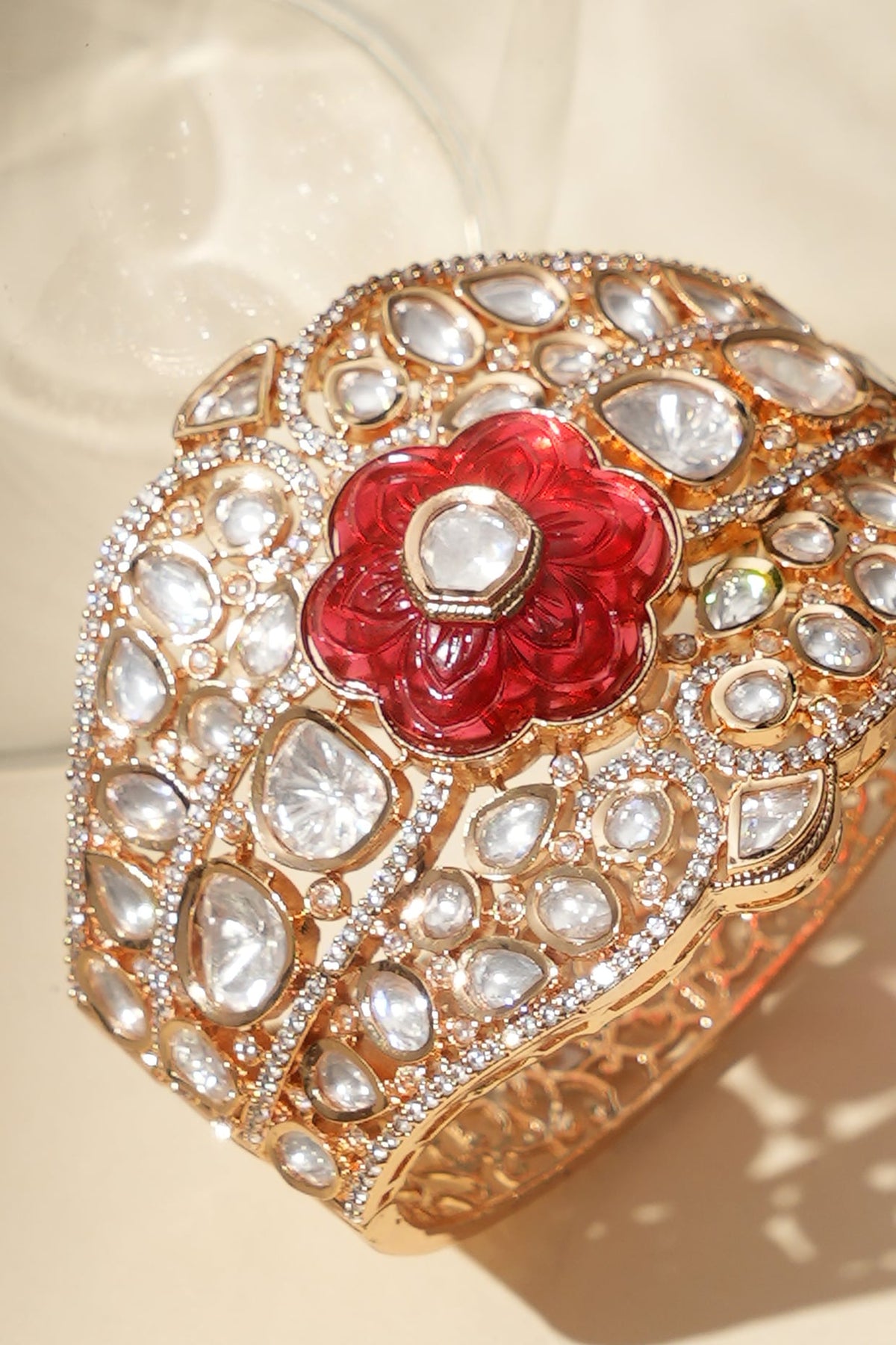 Gold Finish Ruby Stone & Kundan Polki Jadau Bracelet