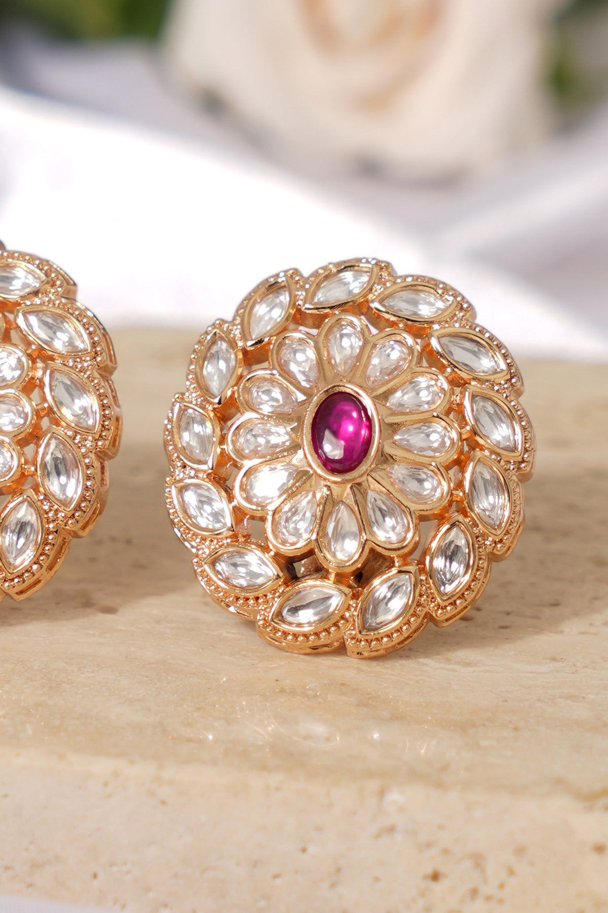 Gold Finish Kundan Polki & Ruby Stone Stud Earrings
