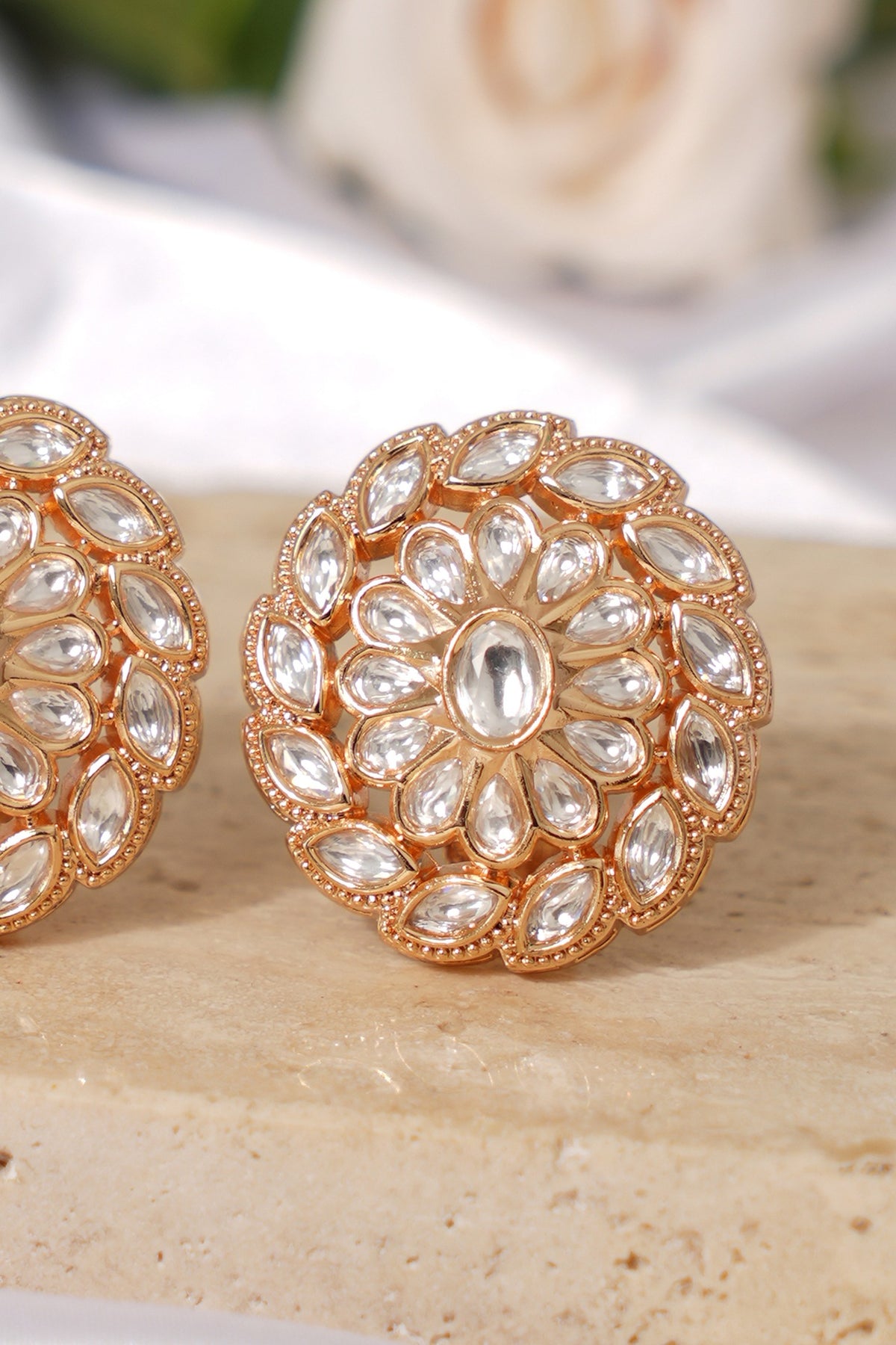 Gold Finish Kundan Polki Stud Earrings