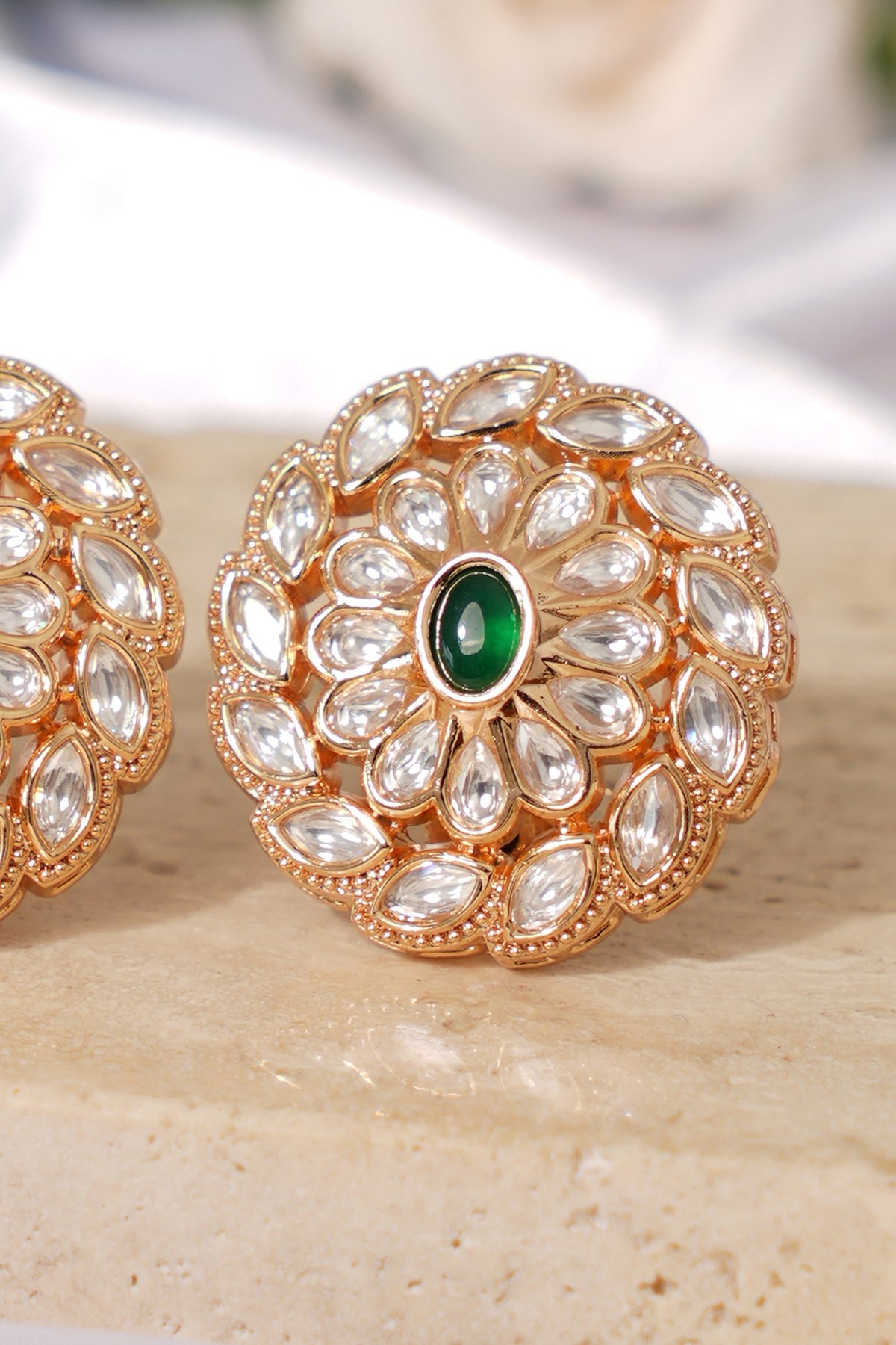 Gold Finish Kundan Polki & Green Stone Stud Earrings