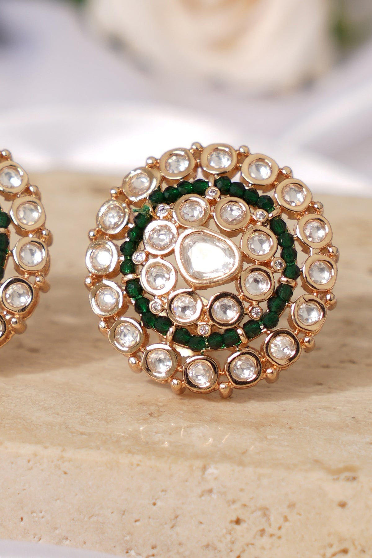 Gold Finish Kundan Polki & Green Stone Stud Earrings