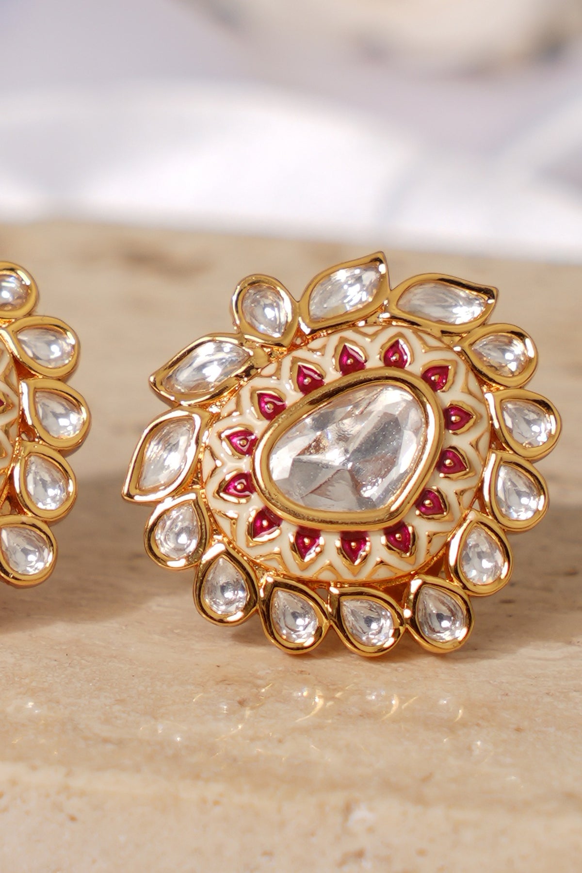 Gold Finish Pink Kundan Polki Stud Earrings