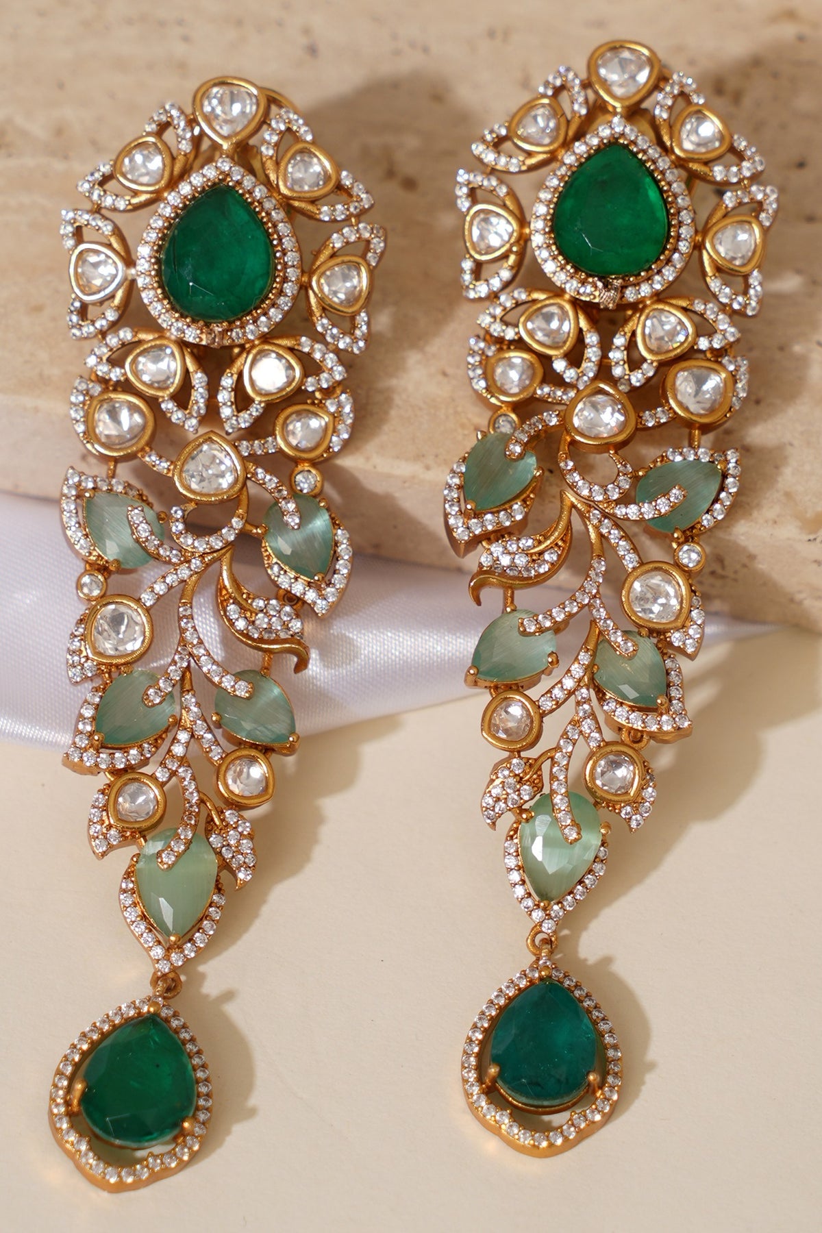 Gold Finish Doublet Kundan Polki & Emerald Stone Dangler Earrings