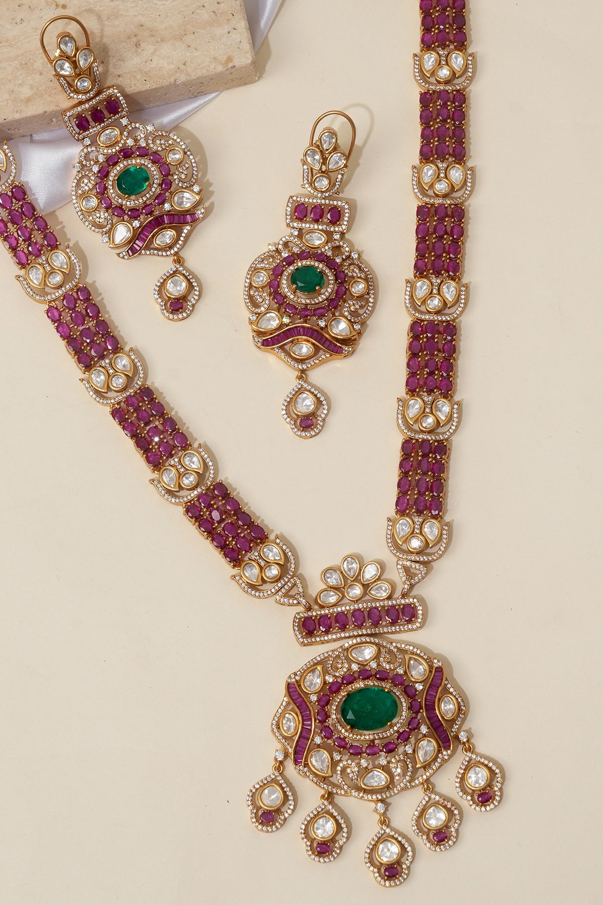 Gold Finish Doublet Kundan Polki Long Necklace Set
