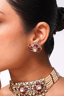 Gold Finish Kundan Polki & Ruby Stone Choker Necklace Set