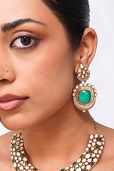 Gold Finish Kundan Polki & Emerald Stone Collar Necklace Set