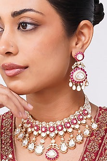 Gold Finish Kundan Polki & Ruby Pearl Necklace Set