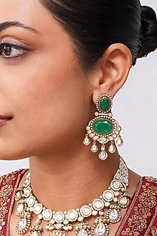 Gold Finish Kundan Polki & Emerald Green Pearl Necklace Set