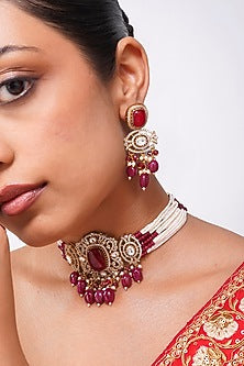 Gold Finish Kundan Polki & Ruby Stone Choker Necklace Set