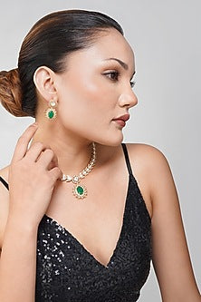 Gold Finish Kundan Polki & Emerald Green Stone Necklace Set