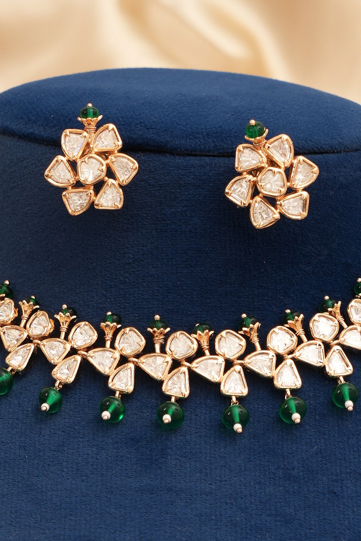 Gold Finish Kundan Polki & Emerald Stone Choker Necklace Set