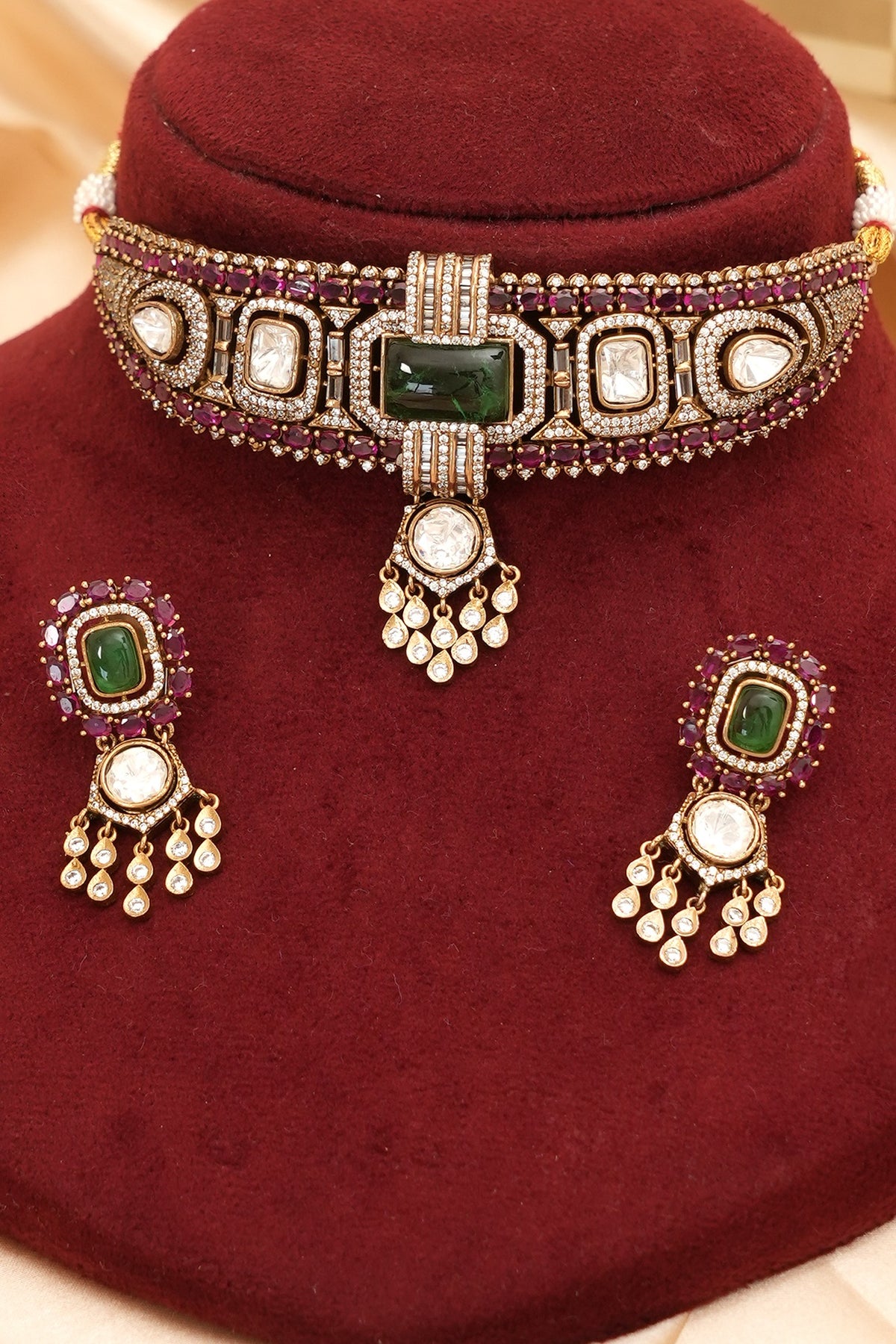 Gold Finish Kundan Polki & Emerald Stone Choker Necklace Set