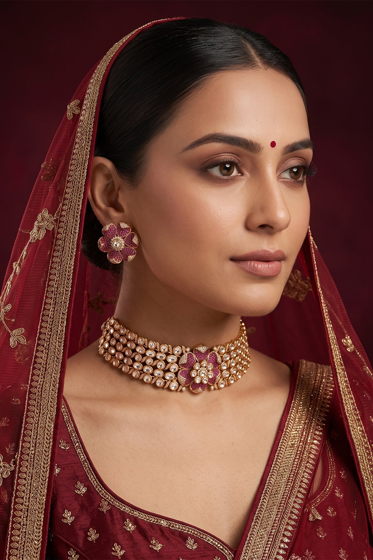 Gold Finish Kundan Polki & Pink Stone Choker Necklace Set