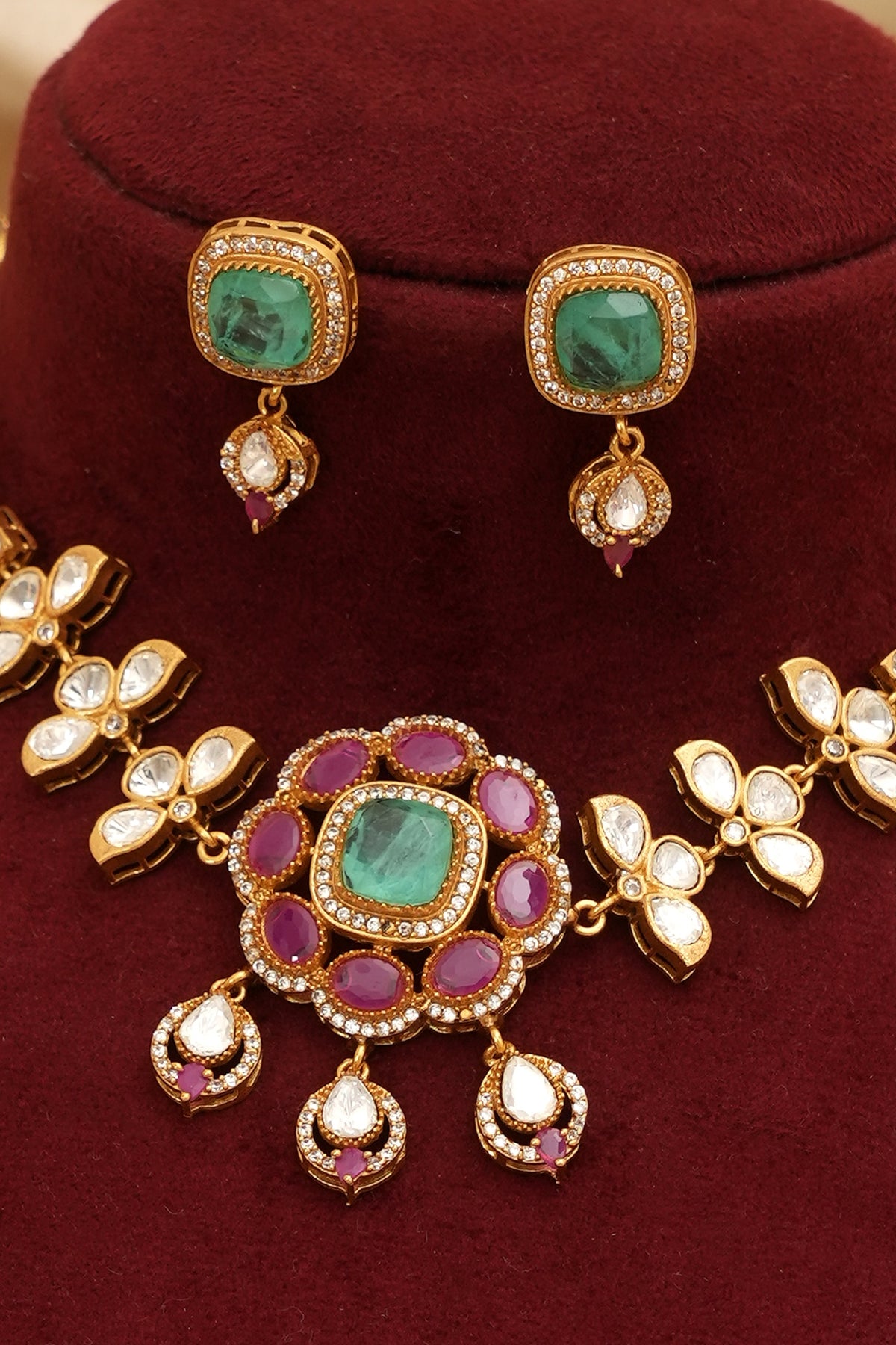 Gold Finish Pink & Green Stone Necklace Set