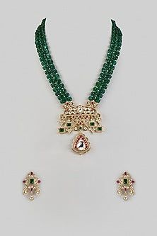 Gold Finish Kundan Polki & Emerald Green Beaded Long Necklace Set