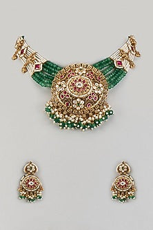 Gold Finish Kundan Polki & Pearl Necklace Set