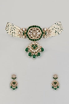 Gold Finish Kundan Polki & Pearl Drop Choker Necklace Set