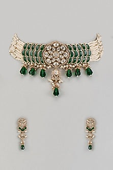 Gold Finish Kundan Polki & Pearl Drop Choker Necklace Set