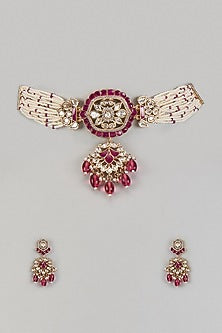 Gold Finish Kundan Polki & Pearl Drop Choker Necklace Set